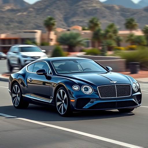 A luxurious, dark blue Bentley Continental GT driving along the Scottsdale waterfront