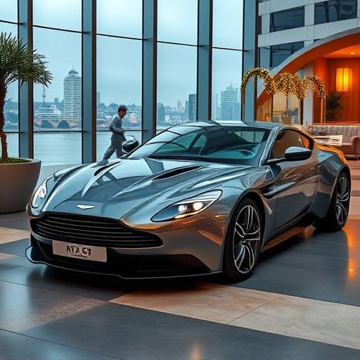A sleek, metallic grey Aston Martin Vantage parked in front of a luxury hotel
