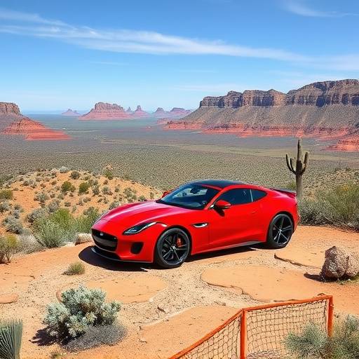 A vibrant, crimson red Jaguar F-TYPE parked at a scenic overlook in the Arizona desert