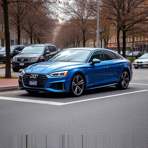 Blue 2024 Audi A5 Coupe parked near a city park