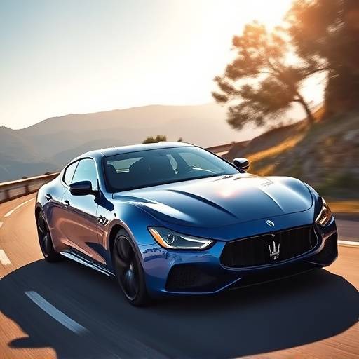 Blue Maserati Ghibli driving on a scenic road