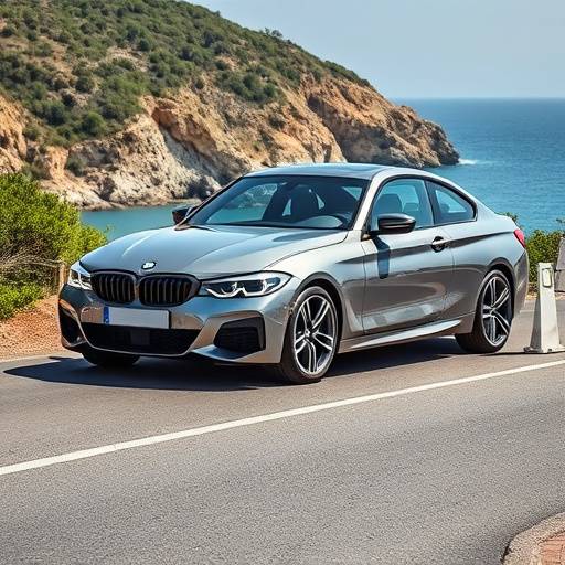 Gray 2023 BMW 4 Series Coupe parked on a coastal road
