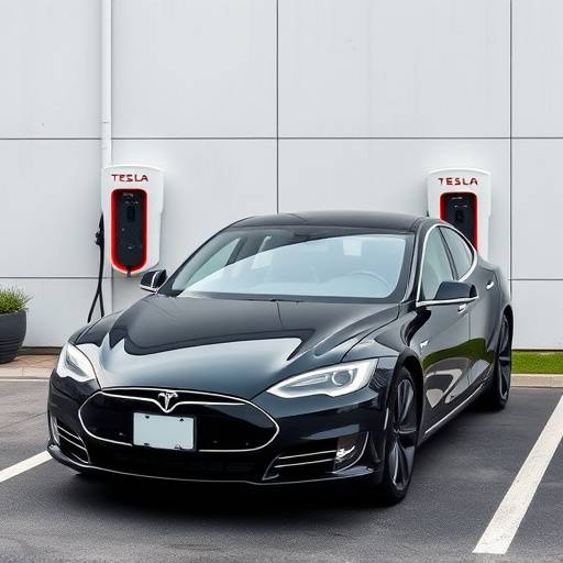 Modern black Tesla Model S parked at a charging station