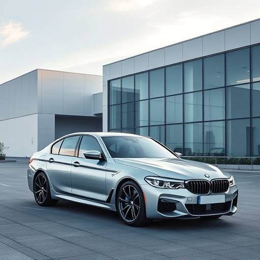 Silver 2023 BMW M5 Competition parked in front of a modern building