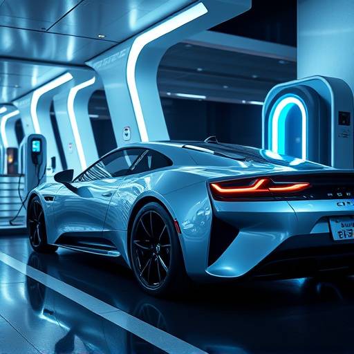Sleek electric sports car charging at a futuristic charging station